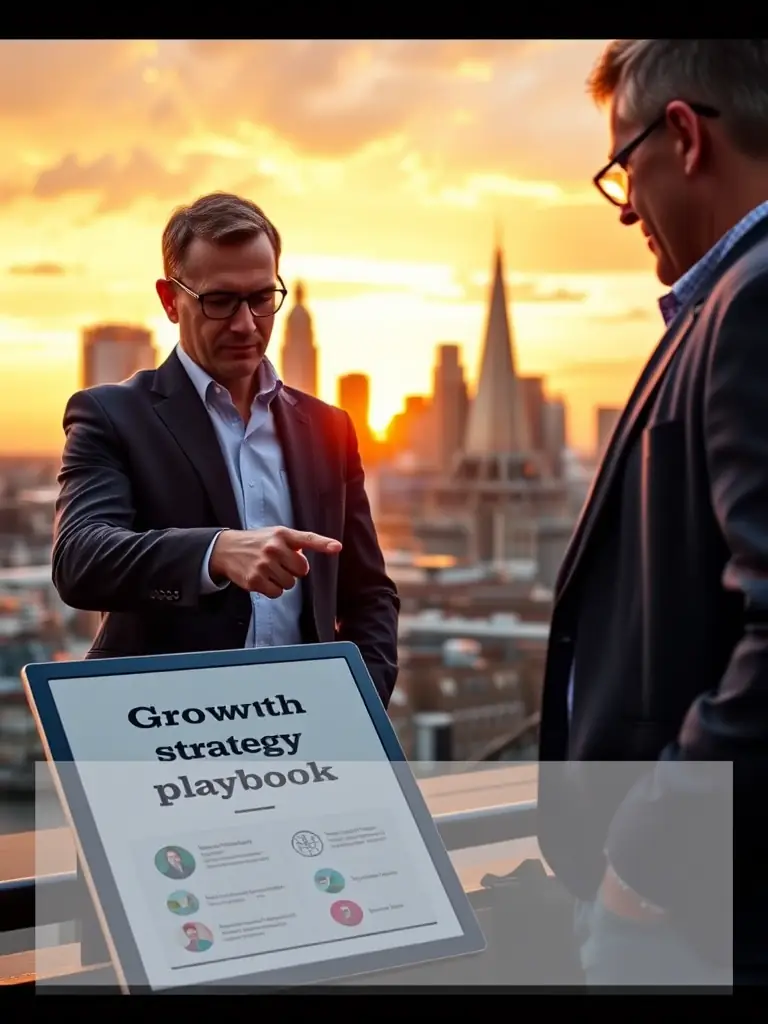 A professional business coach is guiding a small business owner through a growth strategy playbook, with London skyline in the background, emphasizing UK market focus.