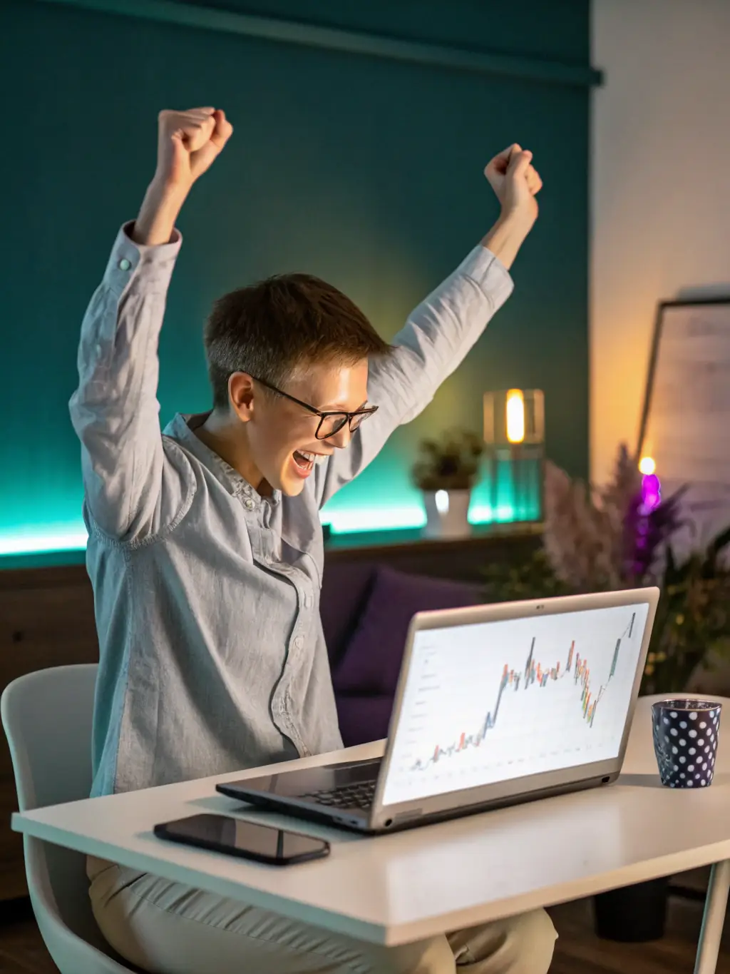 An image of a business owner celebrating a successful campaign launch, representing the solution of implementing growthlabuk.site's playbooks.