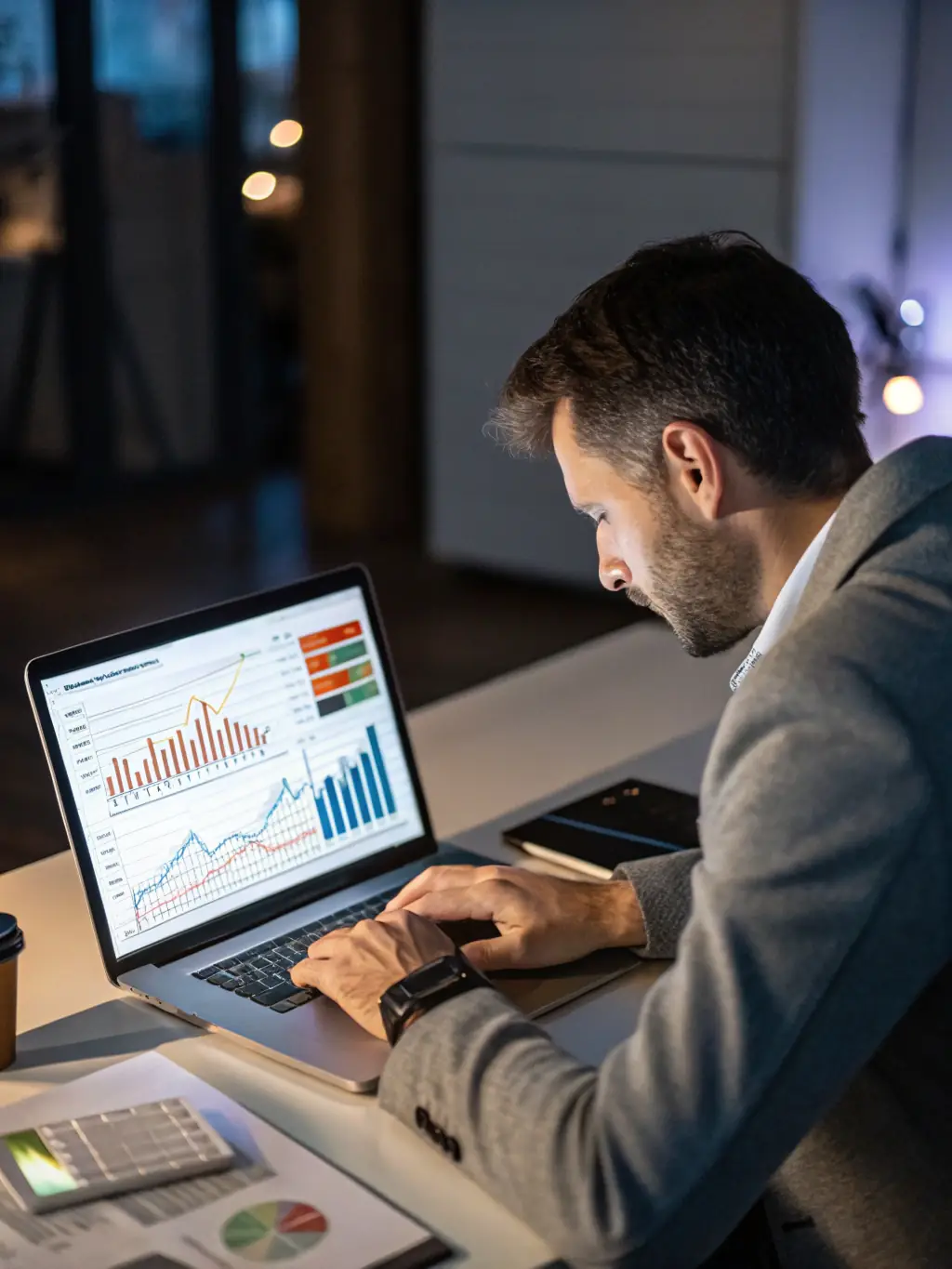A business owner confidently presenting growth results to their team, showcasing increased revenue and market share, with a focus on UK market success.