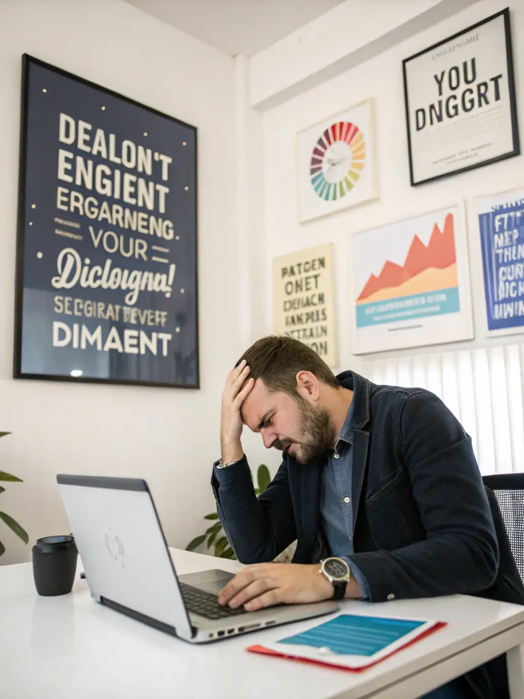 A frustrated business owner looking at declining sales charts on a computer screen, symbolizing the problem of stagnating growth.
