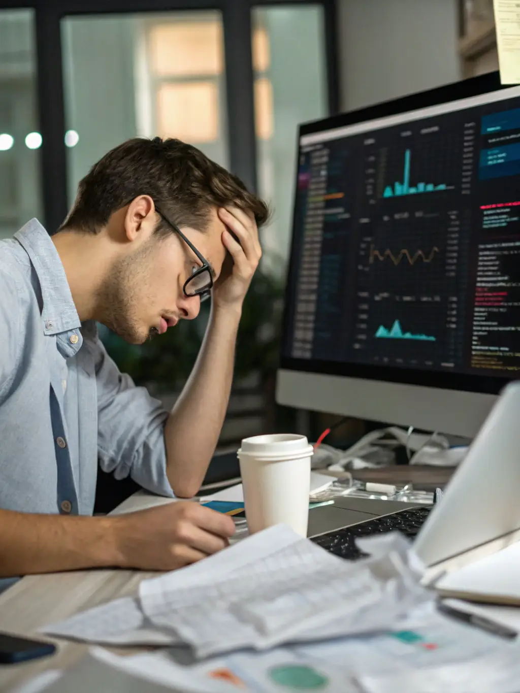 A business owner looking overwhelmed by data and analytics, representing the problem of data overload.