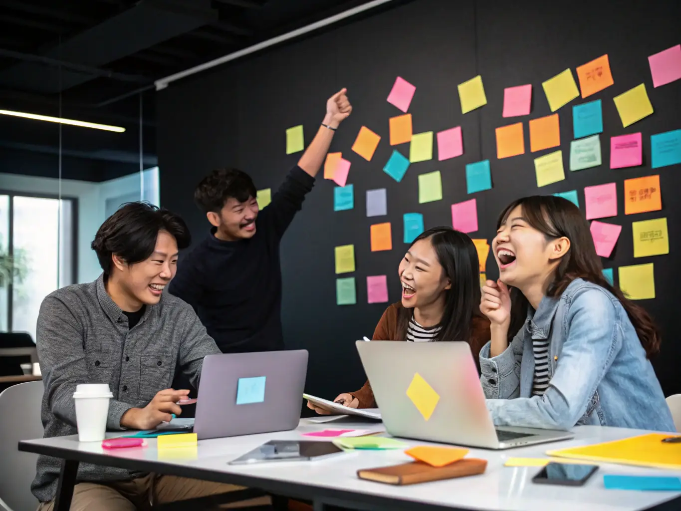 An image depicting a team brainstorming acquisition strategies, with sticky notes and charts illustrating customer acquisition funnels and key performance indicators.