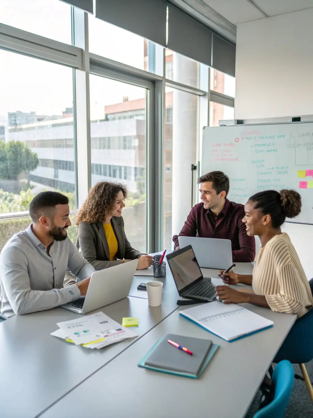 A diverse team of business professionals collaborating on a growth plan, using digital tools and analytics, set in a modern office environment.